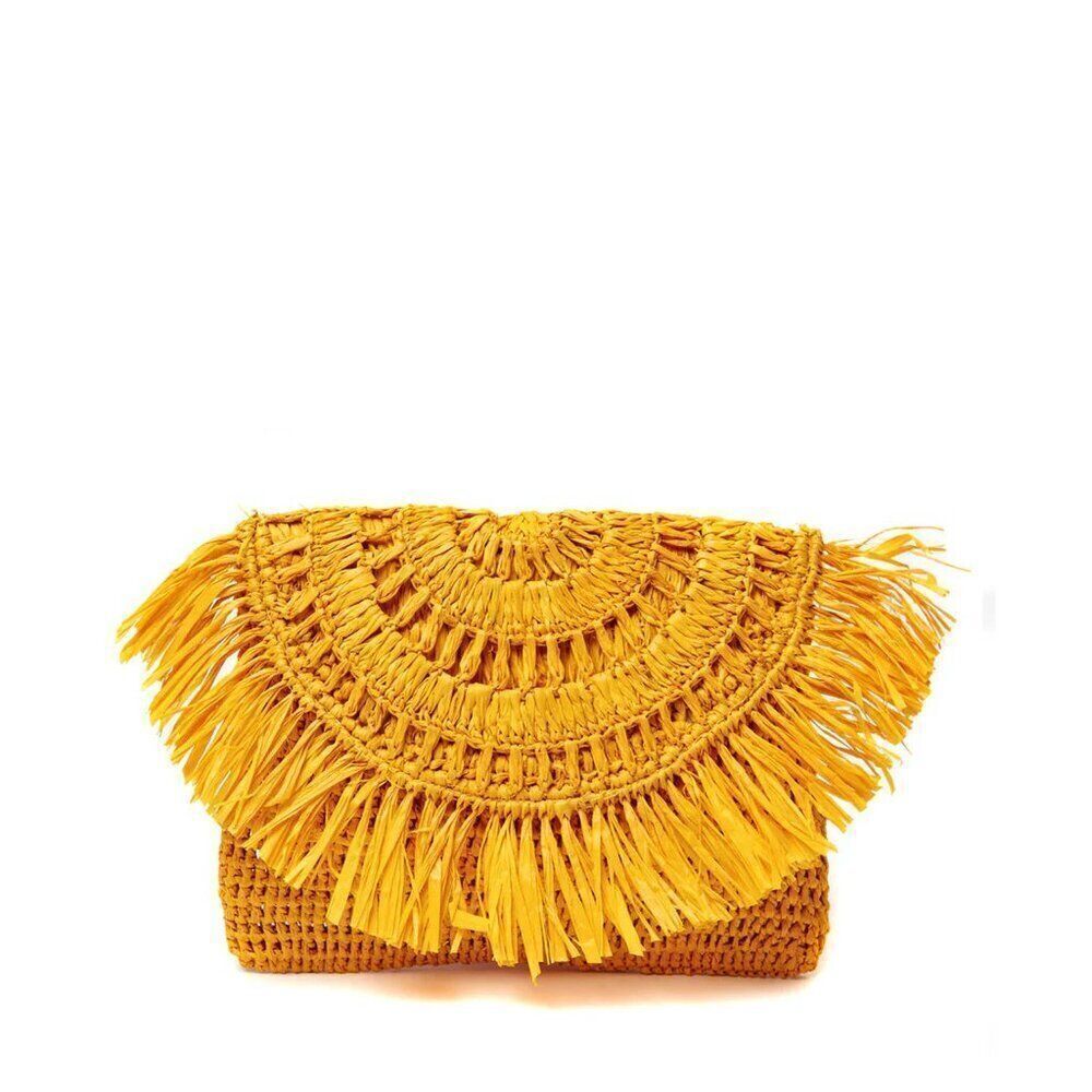 NWT Mar Y Sol Mia Festival Yellow Clutch Woven Crochet Raffia Boho Small Fringe